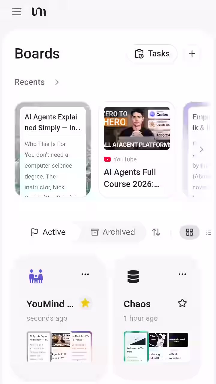 youmind-project-boards-screenshot-showing-created-board-with-tasks-such-as-youtube-video-and-article-summarizations
