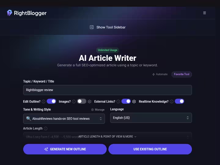 rightblogger-ai-article-writer-dashboard-screenshot