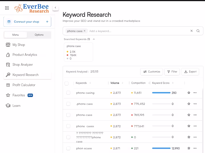 keyword-research-page-from-everbee-showing-results-for-phone-case